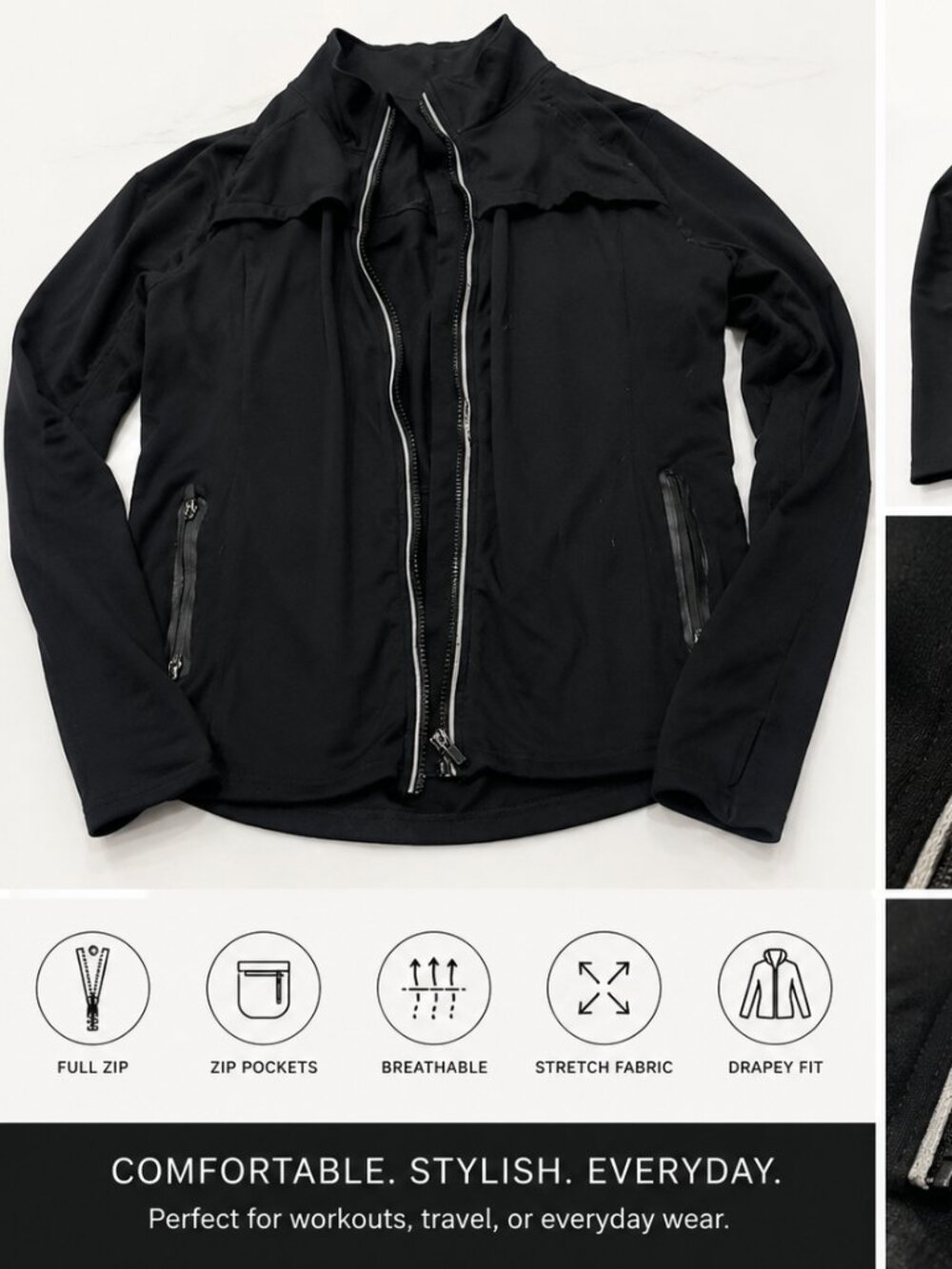 Fabletics Women's M Black Full Zip Track Jacket Cross Back Zip Pockets